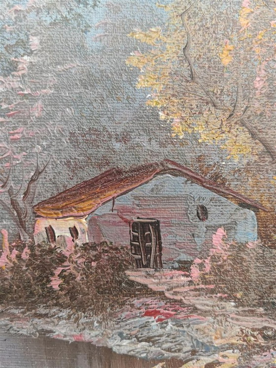 Image 1 of Vintage oil on canvas by Irène Cafieri - "Riverbank in Autumn" (44 x 54 cm)