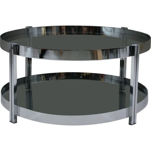 Mesa de centro vintage redonda de metal cromado y tapas de cristal ahumado, Francia 1970