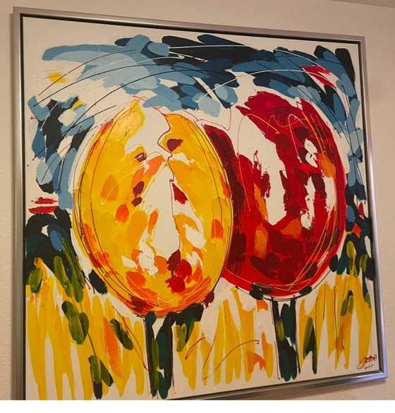 Abstract levendig schilderij met Tulpen, Schilderijen & Tekeningen, Canvas, Metaal, Geel (foto 2 van 5)