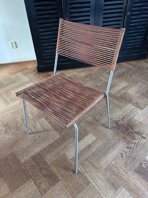 Conjunto de 6 sillas de diseño Bonacina Miss B en piel y acero inoxidable