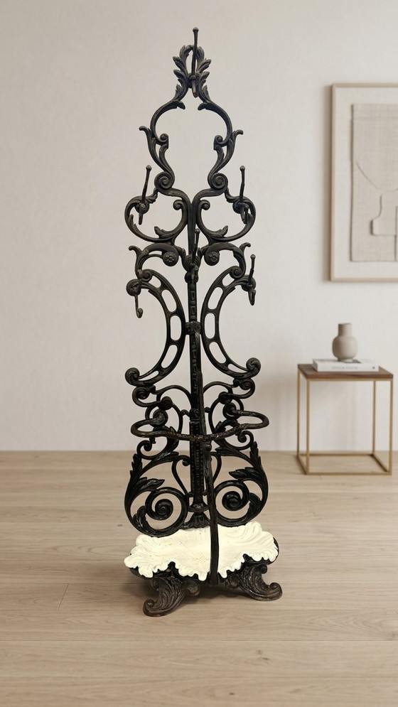 Image 1 of Antique Cast Iron Hall Stand, Victorian Coat Rack with Marble Base, Ornate Hall Tree, 19th Century