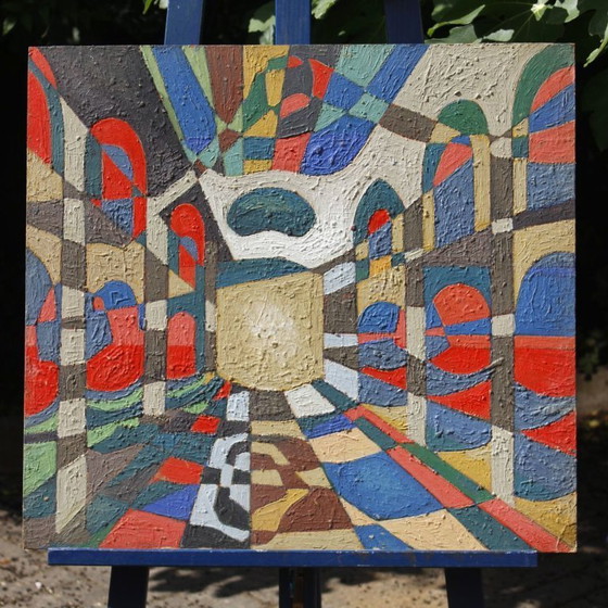 Image 1 of Jean Besnard (1922-2007) Olio su cartone Astrazione geometrica Op Art 1983