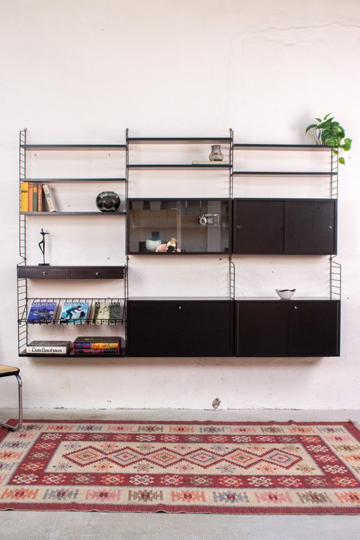Original String shelf, vintage Nisse black sideboard bookshelf