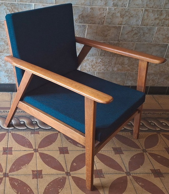 Image 1 of Danish Teak Lounge Chair with Sea Blue-Green Fabric, 1960s
