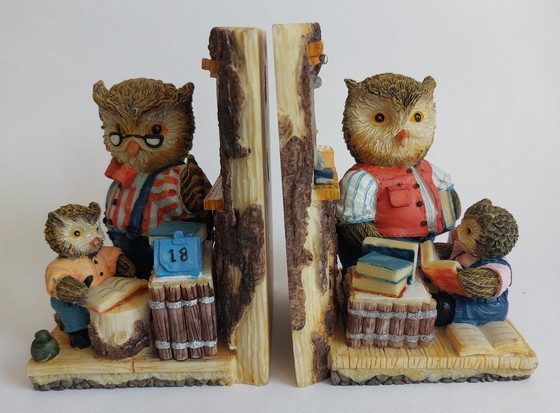 Image 1 of Serre-livres hibou vintage en résine peinte à la main