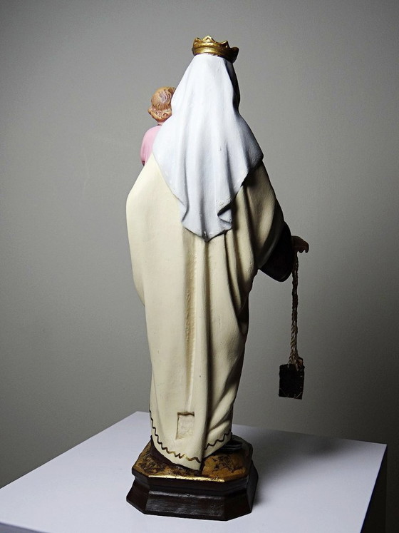Image 1 of Statuetta in stucco della Madonna del Monte Carmelo, bottega di Olot, occhi di vetro, 1920-1930