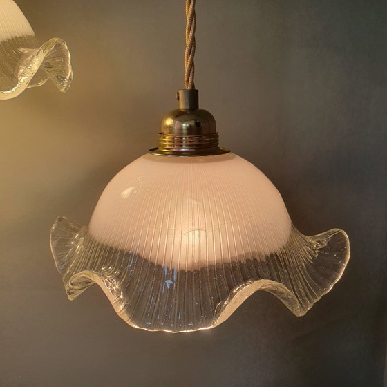 Set di 2 lampade a sospensione vintage in vetro bianco satinato, forma floreale, texture – Metal (photo 9 of 23)