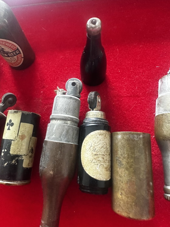 Image 1 of Lot of 7 Vintage Lighters in Pepsi-Cola / Holsteen Beer / Avrilla Milk Bottles etc.