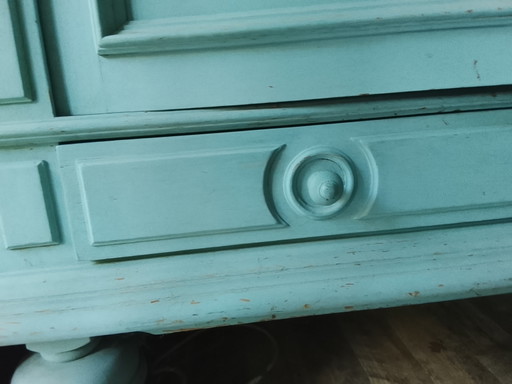 Massief houten landelijke vitrinekast / dressoir – grijsgroen