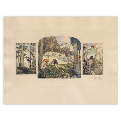Abel Pann אבל פן Gravure Signée Adam Et Eve Au Jardin D'Eden 1916 – lithos zeefdrukken, Paper