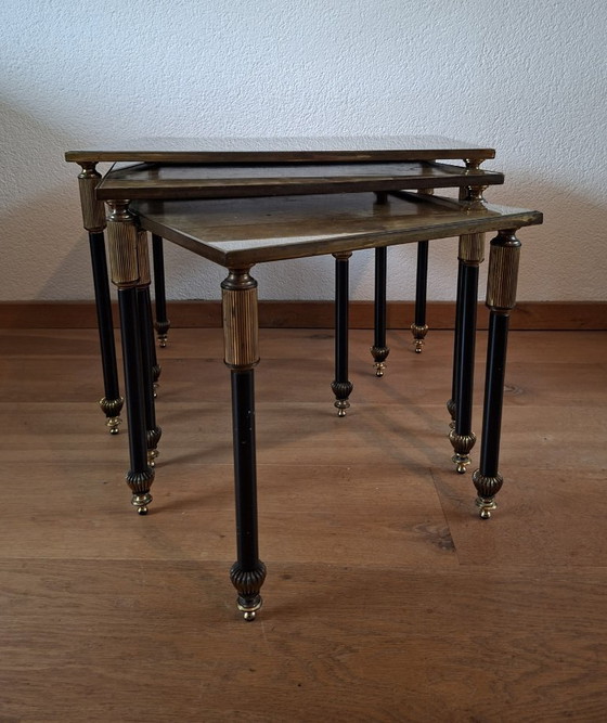 Image 1 of Vintage Maison Jansen style table nest in bronze and Verre Églomisé