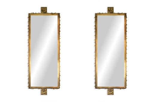 Paire de grands miroirs en laiton doré et patiné. Contemporains. – spiegels, Brass