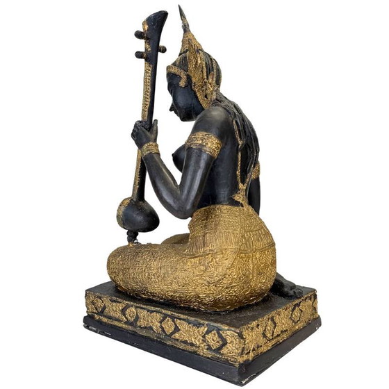 Thaise Muzikant Beeld Brons – Goud Zwart Patina Tempelfiguur – Beeldhouwkunst, Bronze, Aziatisch (photo 6 of 14)