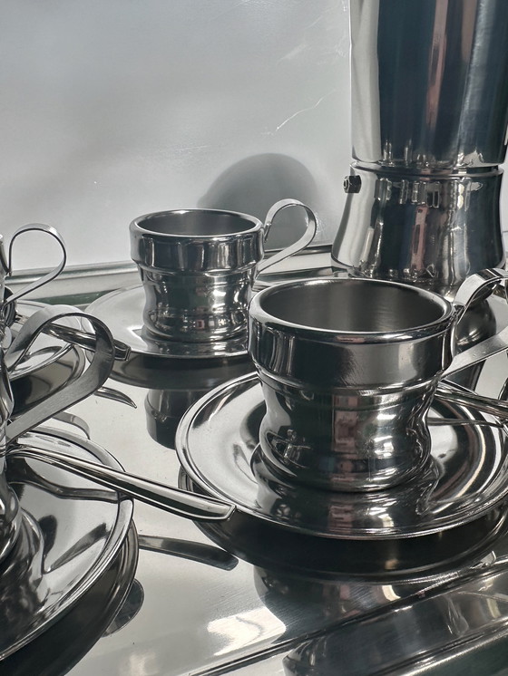 Image 1 of Set da caffè espresso in acciaio inox, tazza, vassoio, caffettiera, metallo, Italia, caffè, 12 persone