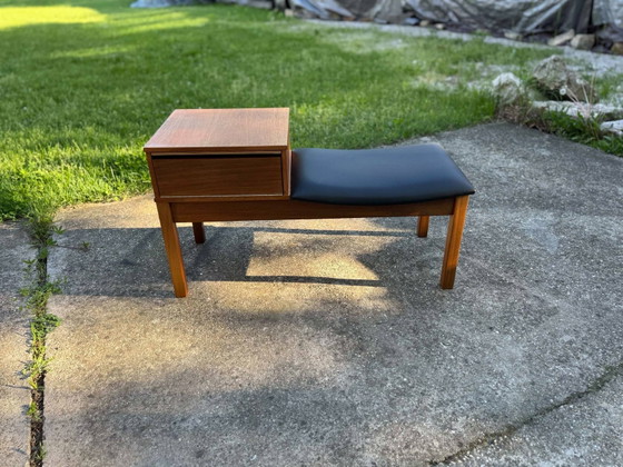 Vintage Teak Telephone Bench with Vinyl Seat, 1960s – Benches, Mid Century Modern (photo 9 of 10)