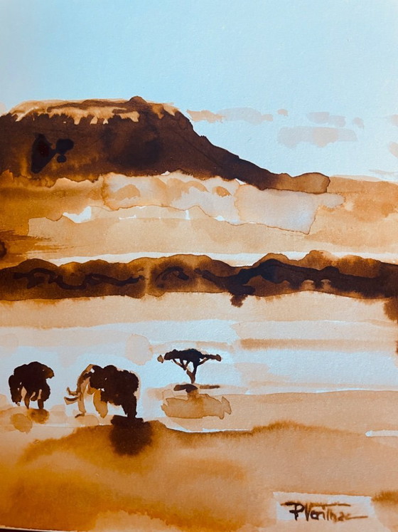 Image 1 of Signed painting of an African landscape and animals, "Kilimanjaro".