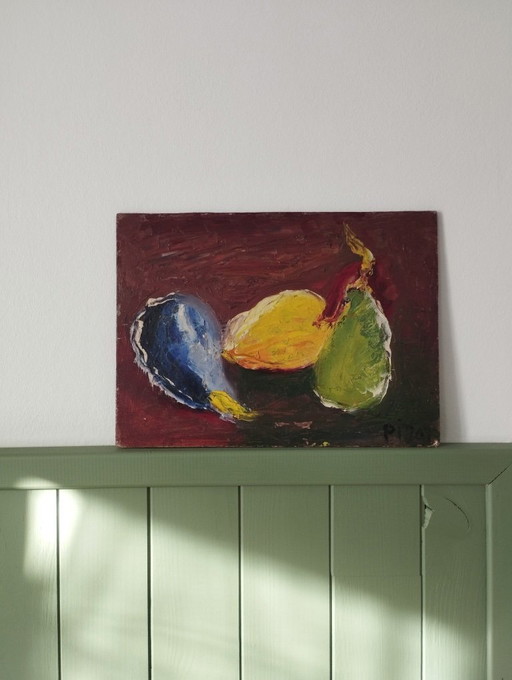 Still life with three fruits. Oil painting on panel.