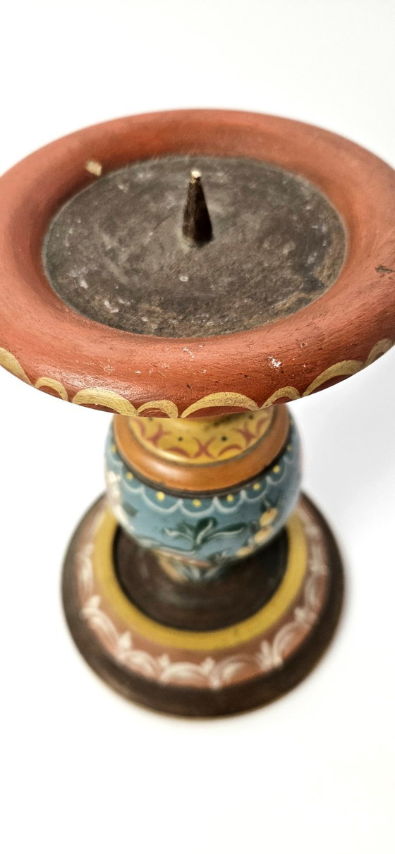Image 1 of Vintage Wooden Hand painted Candle Holder German Bauernmalefai Folk Art Floral Flower Motifs Farmhouse Decor Carved Wood Candles