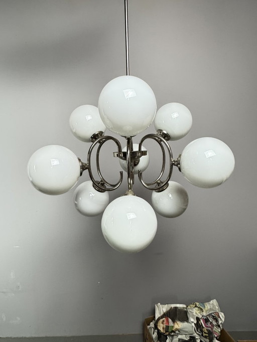 Mid-Century Italian Design  Atomic Sputnik Chandelier with Opaline Globes, Italy, 1960s