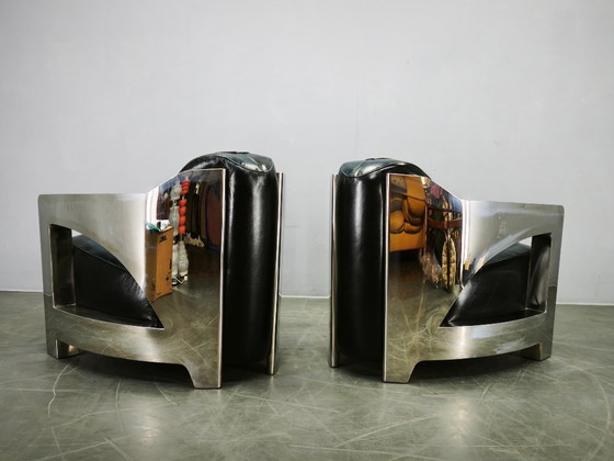 Pair of Timothy Oulton Aviator Leather and Steel Armchairs 1990s (photo 8 of 12)