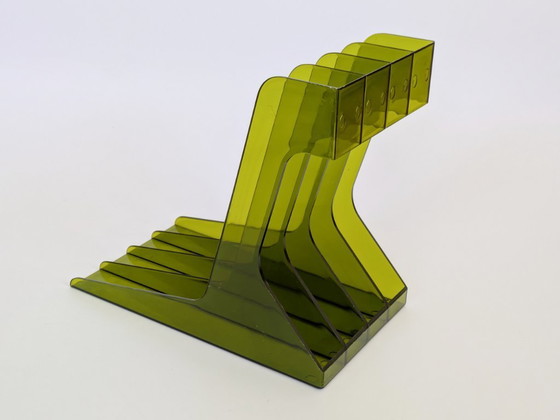 Image 1 of Vintage olijfgroen plexiglas LP-vinylrek in space age-stijl uit de jaren 70, met 4 vakken.