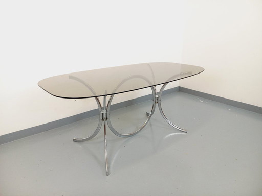 Vintage 70s Space Age Style Smoked Glass and Chrome Metal Rounded Rectangular Dining Table