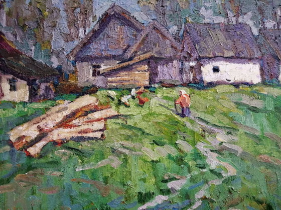 Original Ölgemälde Ländliche Landschaft Dorfleben Im Hof – Gemälde & Zeichnungen, Canvas (photo 4 of 11)