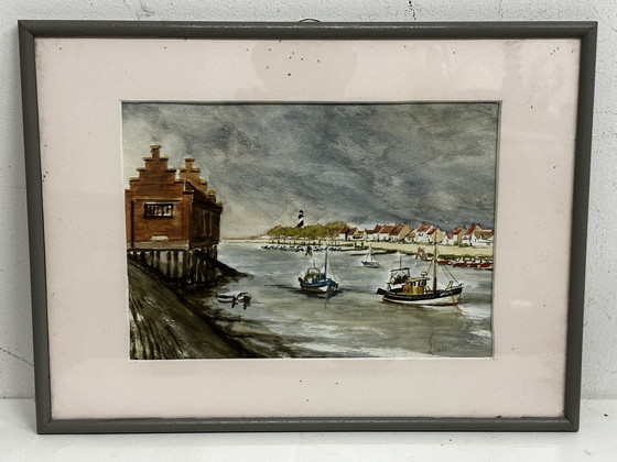 Image 1 of Pierre Baudemont - Aquarel Zeegezicht - Zicht op een haven