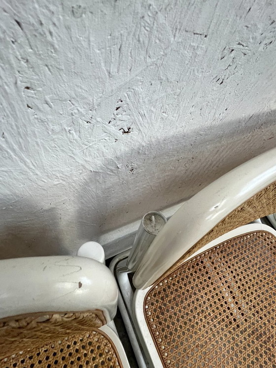 Image 1 of Set Van Vier Vintage Cesca Stijl Stoelen / Eetkamerstoelen, Wit Metalen Frame, Italië