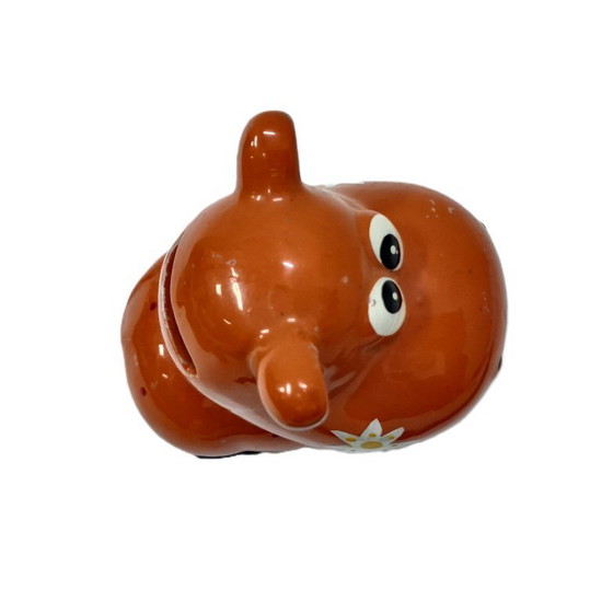Image 1 of Vintage Ceramic Hippo Coin Bank – Whimsical Orange Folk Art 