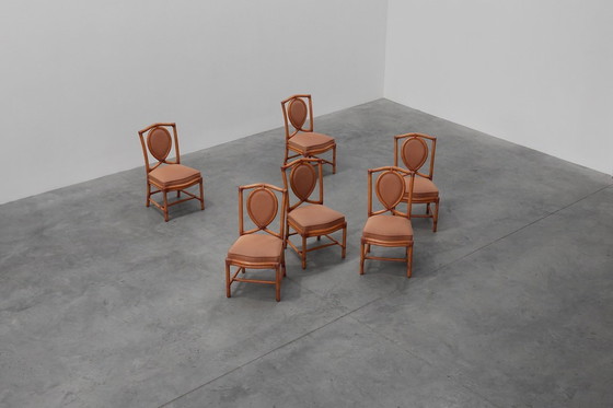 Image 1 of Set of 6 bamboo dining room chairs with geometric upholstery by Gasparucci, Italy 1980s