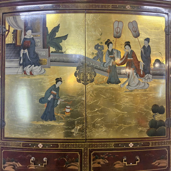 Image 1 of Vintage Chinese / Oosters kast bladgoud/ tradioneel tafereel / Bohemian kast / Aziatische kast