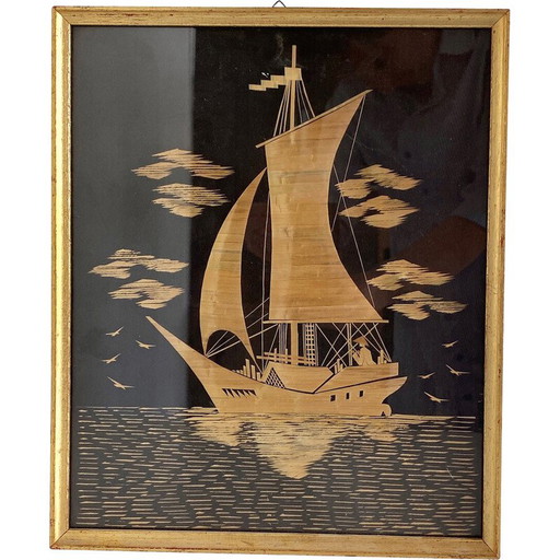 Vintage straw art Sailboat, China 1980