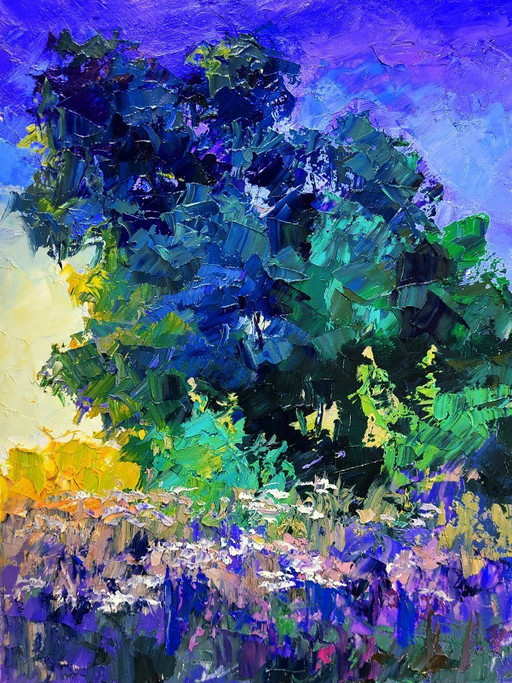 Origineel olieverfschilderij: Natuurlandschap, bos, vroege ochtend in de wei.