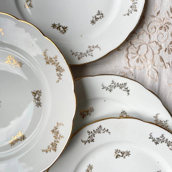 6 J&Ciem France 1950 Witte vergulde florale porseleinen dinerborden – Servies, Porcelain (photo 8 of 9)