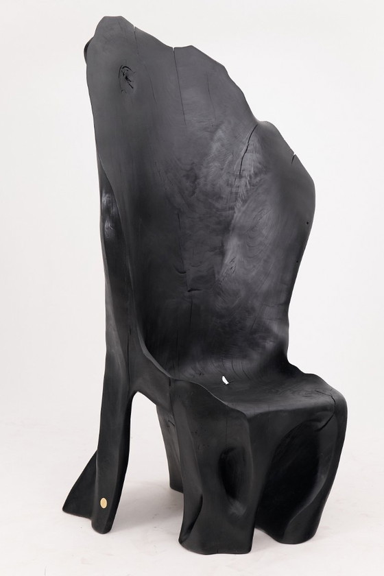 Image 1 of Fauteuil trône en bois noir carbonisé aux formes organiques par Logniture