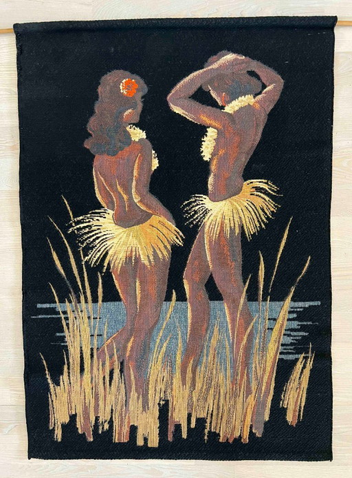 Arazzo da parete vintage anni '50-'60 con danzatrici hawaiane