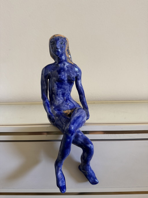 Sculpture Nue Stylisée Céramique Bleu
