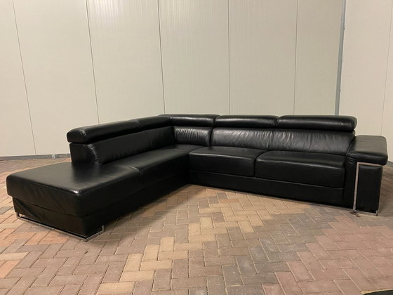 Image 1 of Black Real Leather Corner Sofa