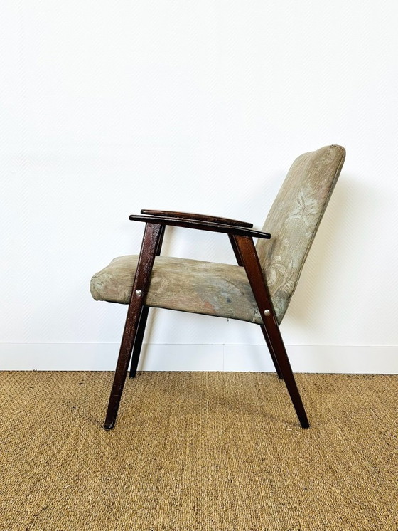 Image 1 of Vintage fauteuil van donker hout met bloemenprintstof, 1960