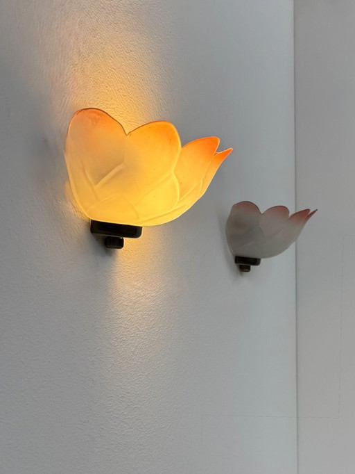 Paar antike Wandleuchten in Blumenform, Glas, Frankreich, 1970