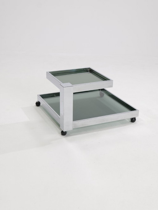 Chariot de service en chrome et verre fumé, années 1970