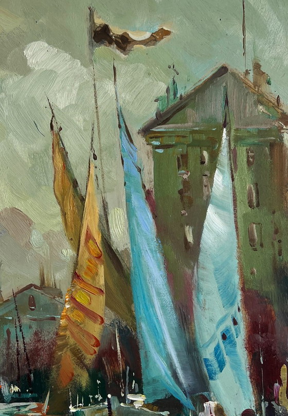 Image 1 of Original Oil Painting Coastal City Landscape A quiet harbor near Venice