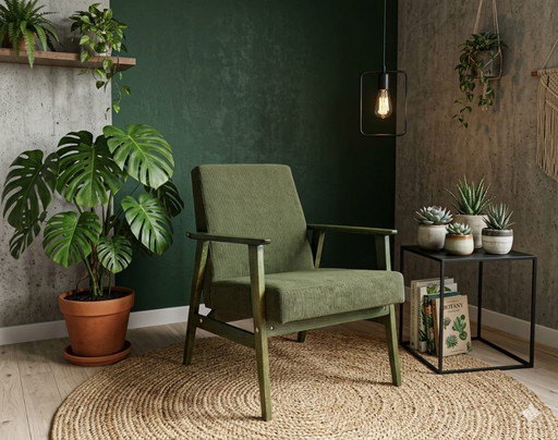 Vintage Lounge-Sessel, olivgrüner Cord, grünes Holz, Mid-Century-Design, 1960