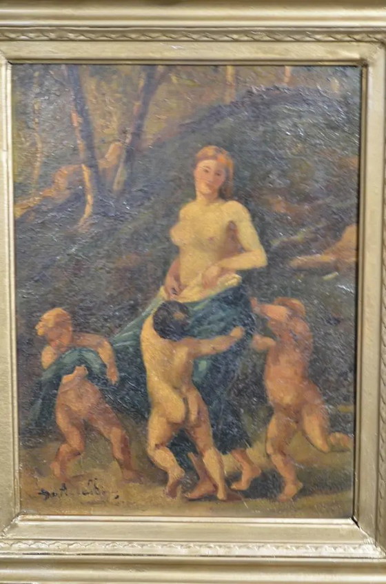 19e-eeuws Frans School Mythologisch Olieverfschilderij, Nimf en Drie Putti – Schilderijen & Tekeningen (photo 2 of 15)