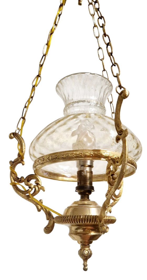 Image 1 of Lampada a sospensione d'epoca in ottone e vetro - Stile classico francese - Anni '60
