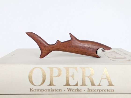 Image 1 of Midcentury Danish Teak Shark Bottle Opener, 1960s Sculptural Barware, Home Bar Gift