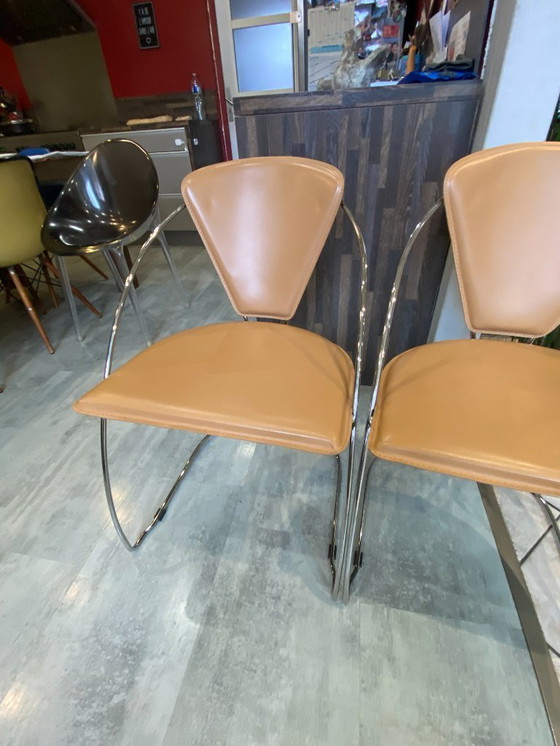 Image 1 of Set di 4 poltrone Linda di Arrben, pelle color cammello, struttura in acciaio cromato, vintage anni '80