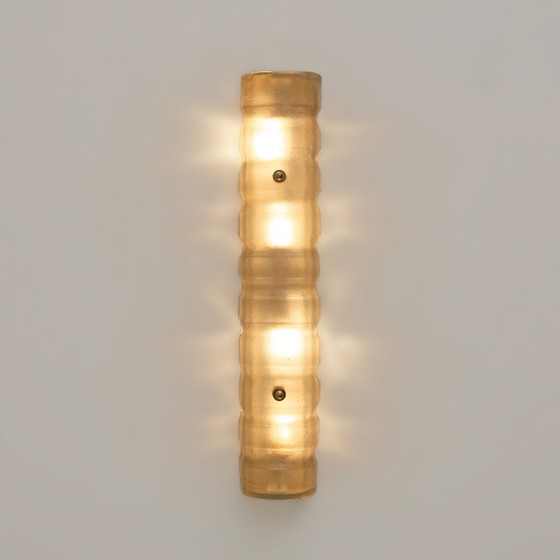 Image 1 of Pair of Murano Gold-Toned Frosted Glass and Brass Wall Sconces, Italy