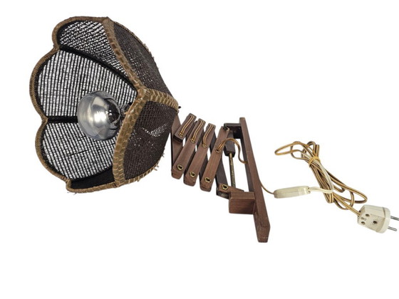 Image 1 of Schaarlamp | Harmonicalamp | wandlamp | vintage | eiken | varkensblaas | 70's |